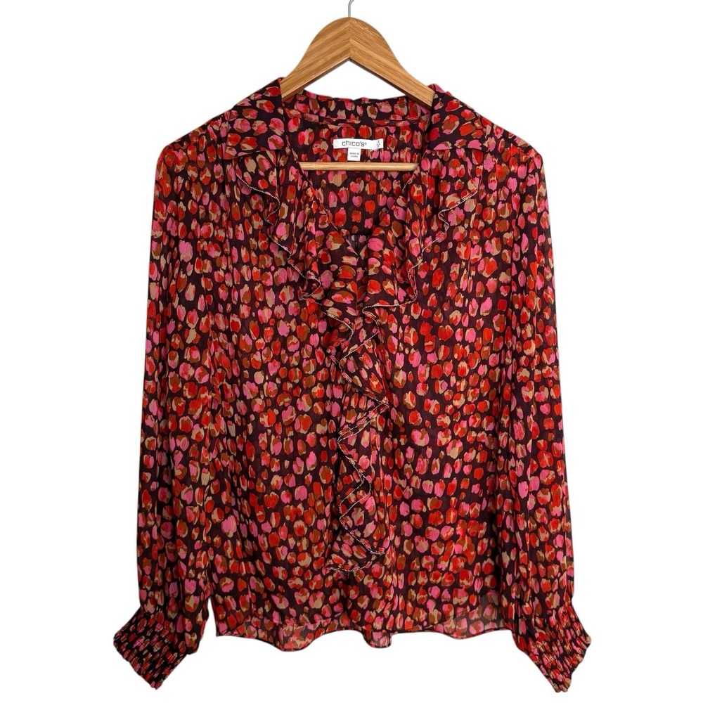Chicos Womens Top 2 Burgundy Ruffle Long Sleeve Romantic Feminine Office Work